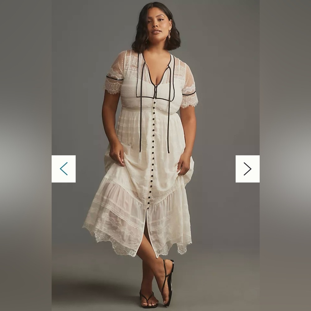 Anthropologie Short-Sleeve Button-Front Lace Midi Dress - Picture 6 of 9